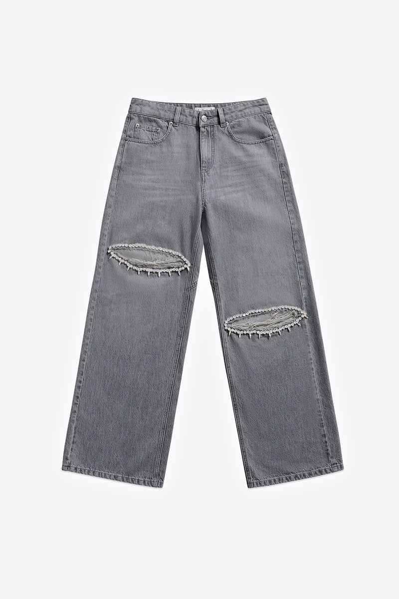 Distressed Crystal Relaxed Slit Jean – AREA