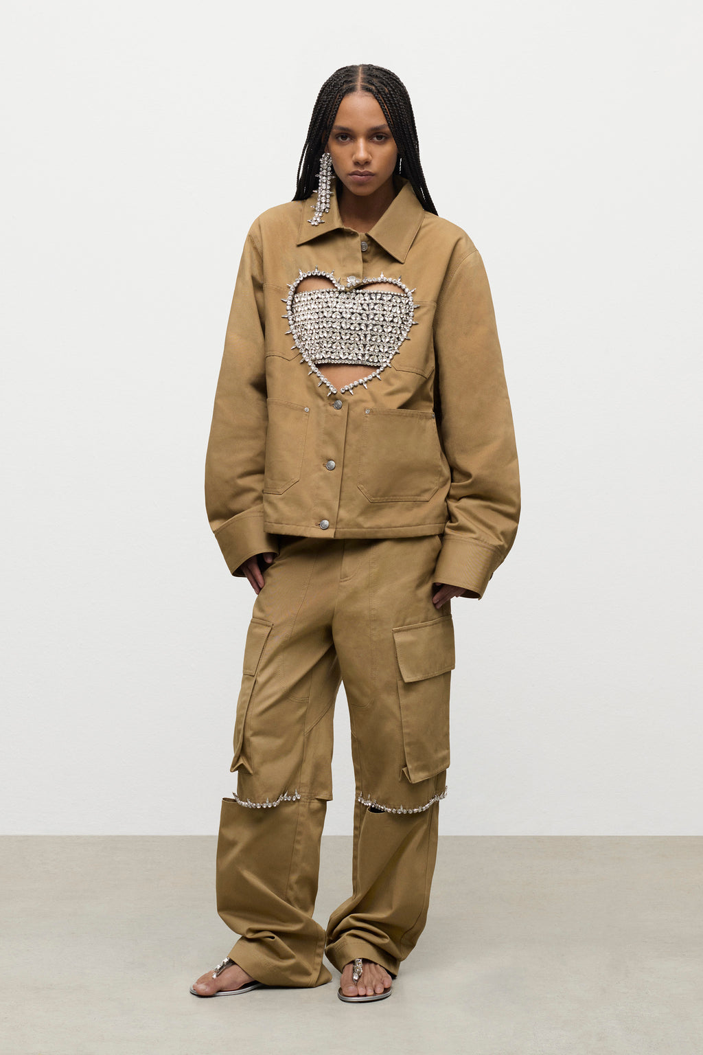 Crystal Heart Cutout Cargo Jacket