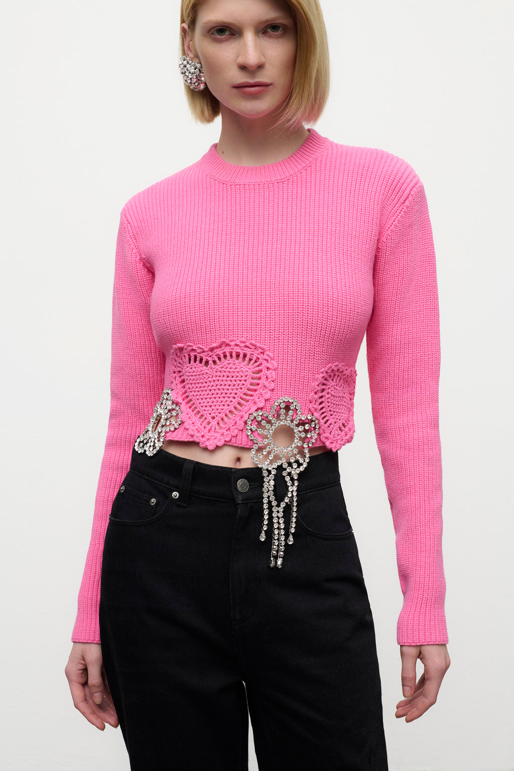 Crystal Crochet Flower Cropped Sweater
