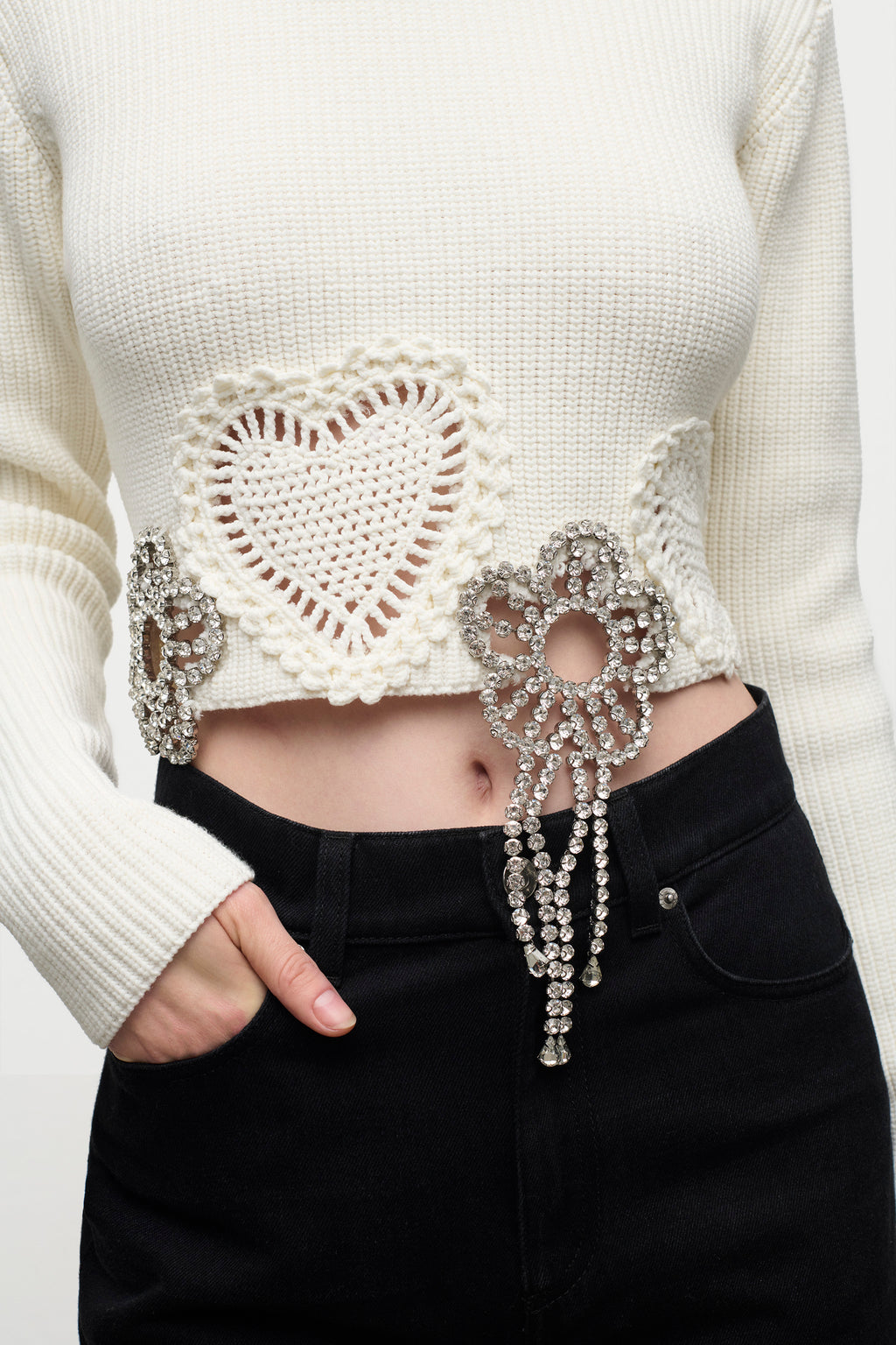 Crystal Crochet Flower Cropped Sweater