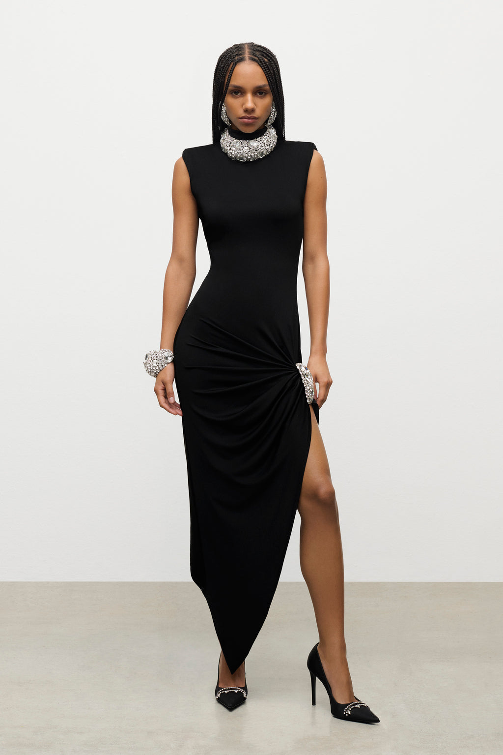 Crystal Cluster Draped Midi Dress