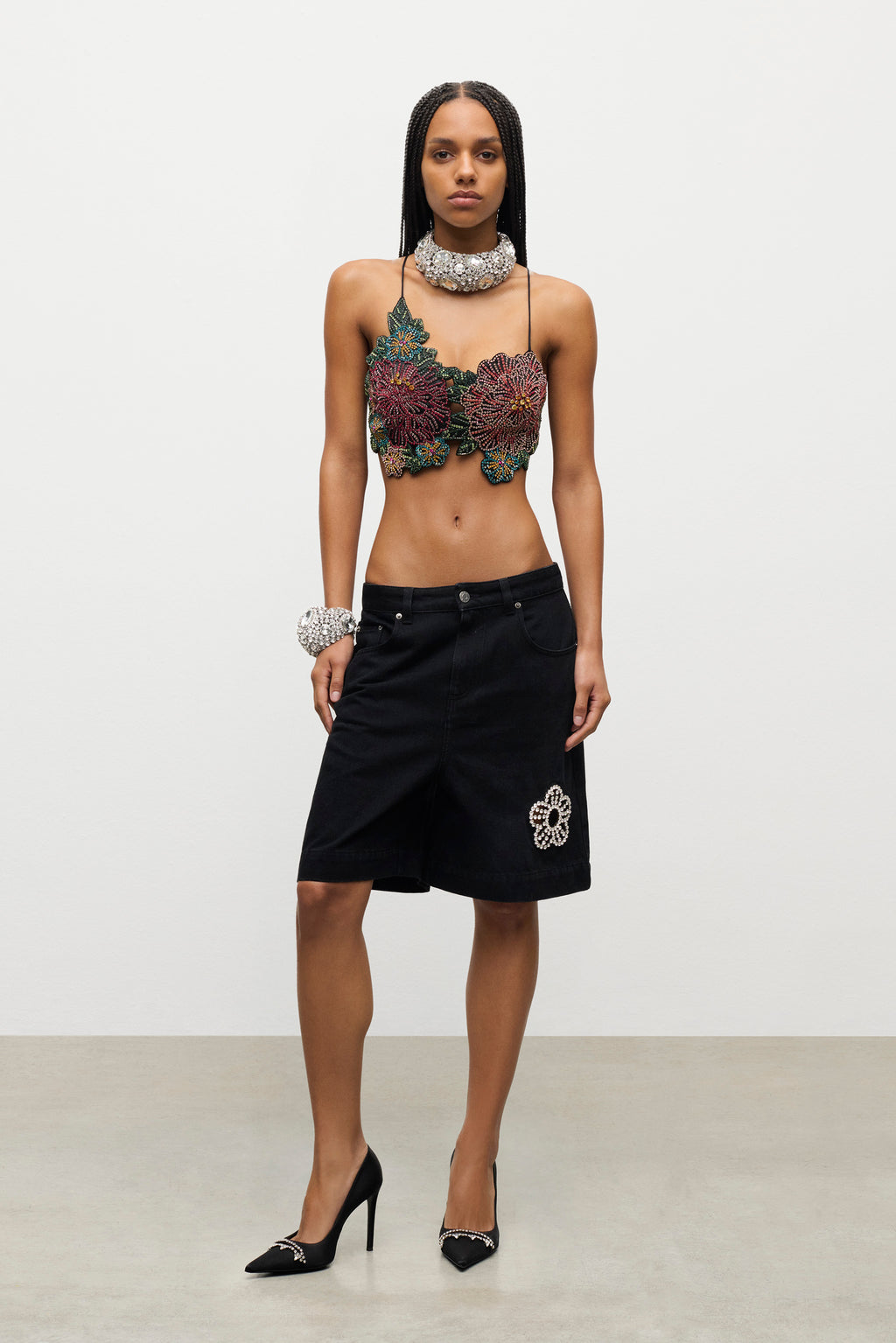 Embroidered Crystal Flower Bra Top
