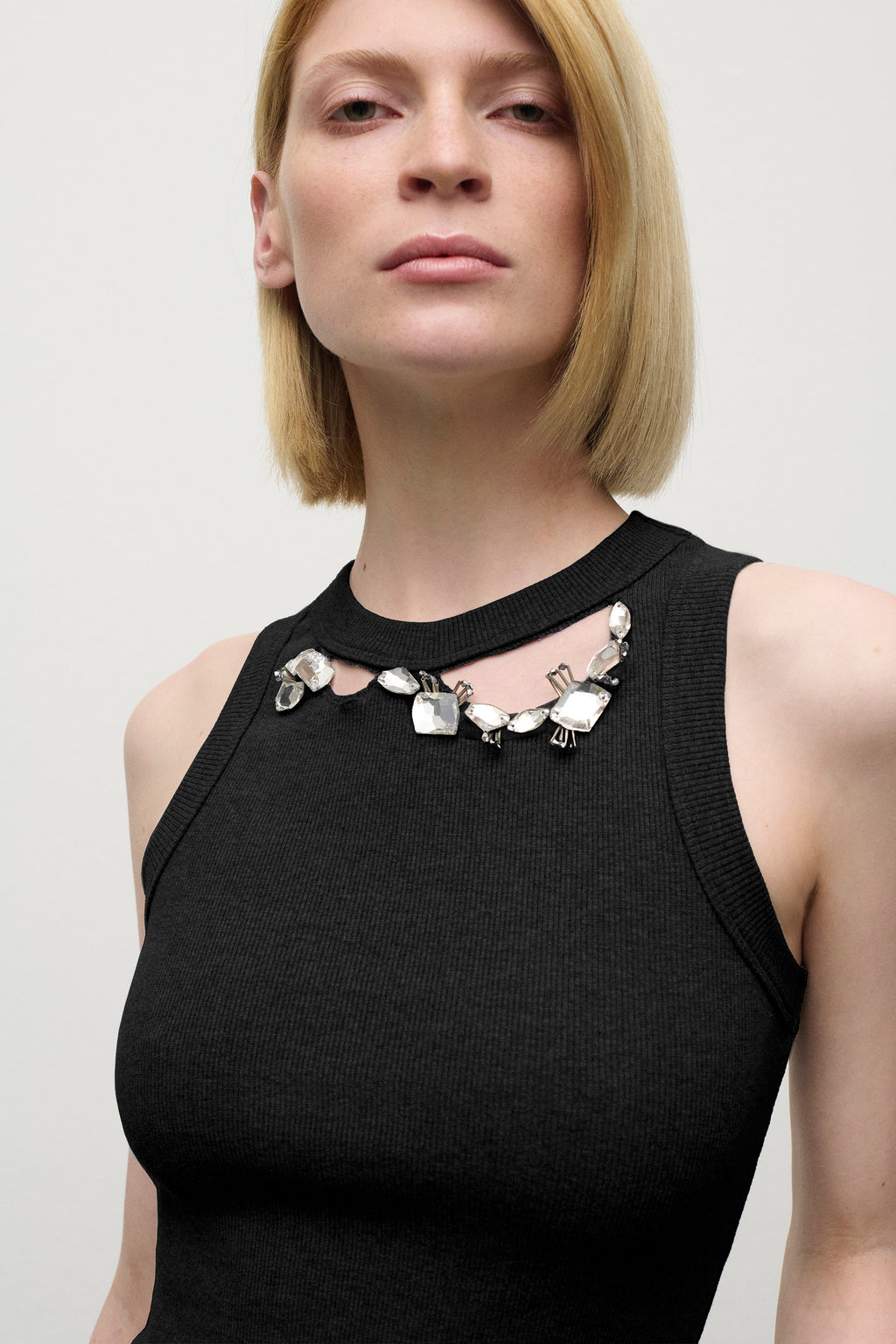 Distressed Crystal Ribbed Knit Tank Top