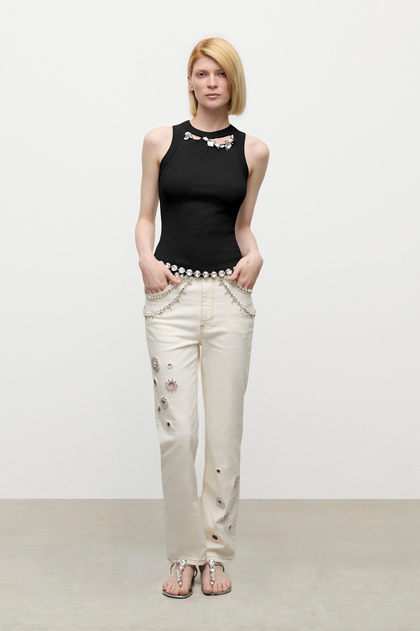 Distressed Crystal Ribbed Knit Tank Top