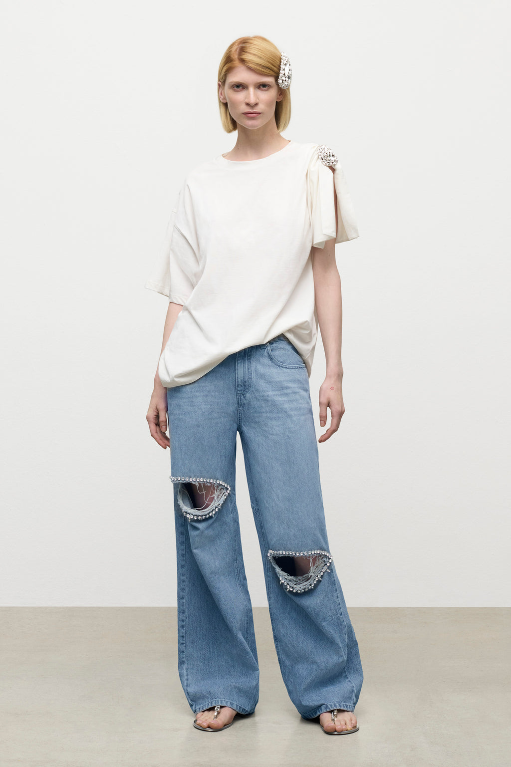 Crystal Cluster Asymmetrical Short Sleeve T-Shirt