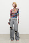 Crystal Embellished Printed Tulle Long Sleeve Top