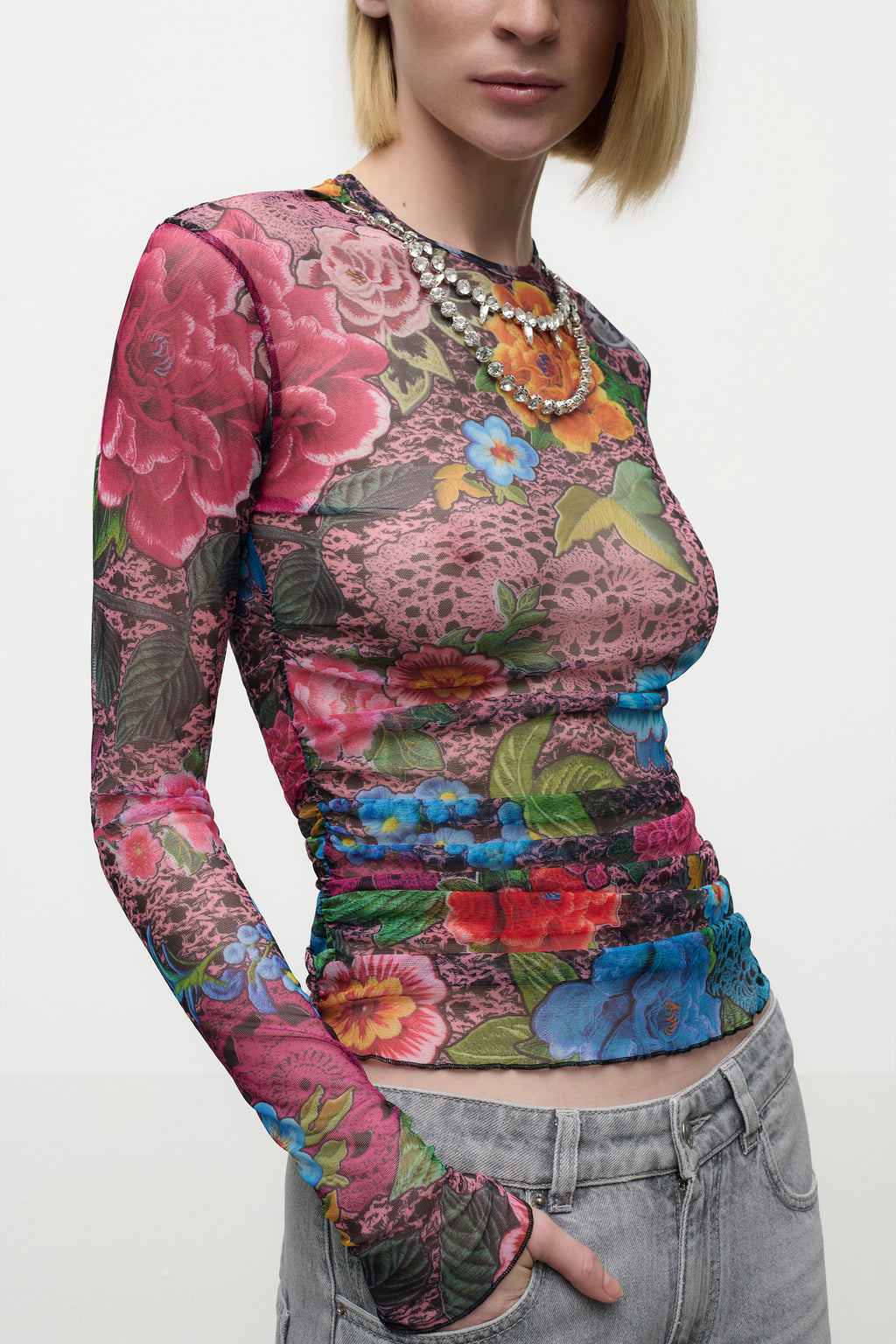 Crystal Embellished Printed Tulle Long Sleeve Top