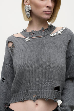Distressed Crystal Crewneck Sweater