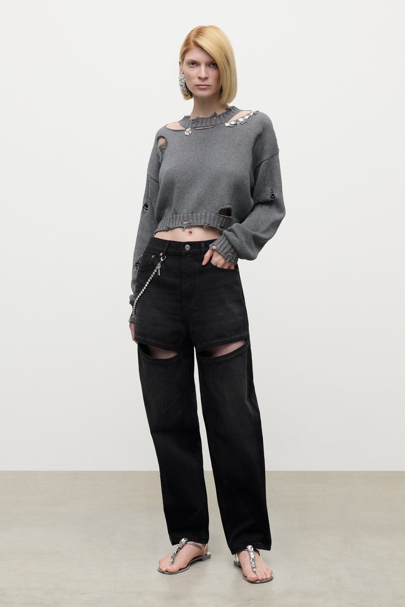 Distressed Crystal Crewneck Sweater