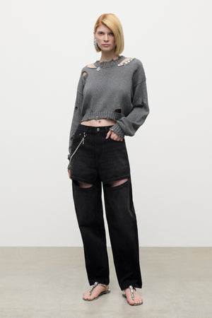 Distressed Crystal Crewneck Sweater