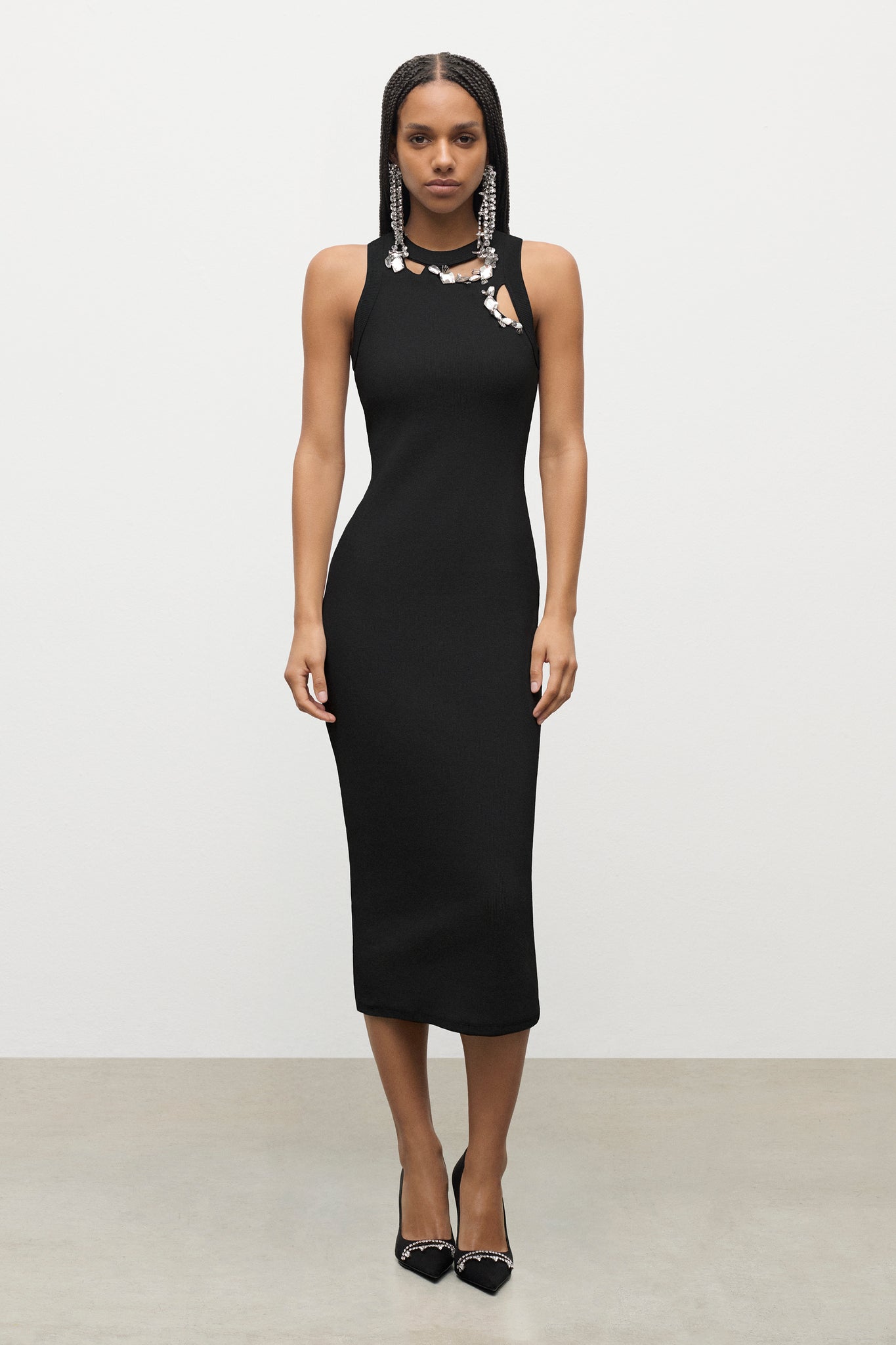 Distressed Crystal Ribbed Knit Midi Tank Dress