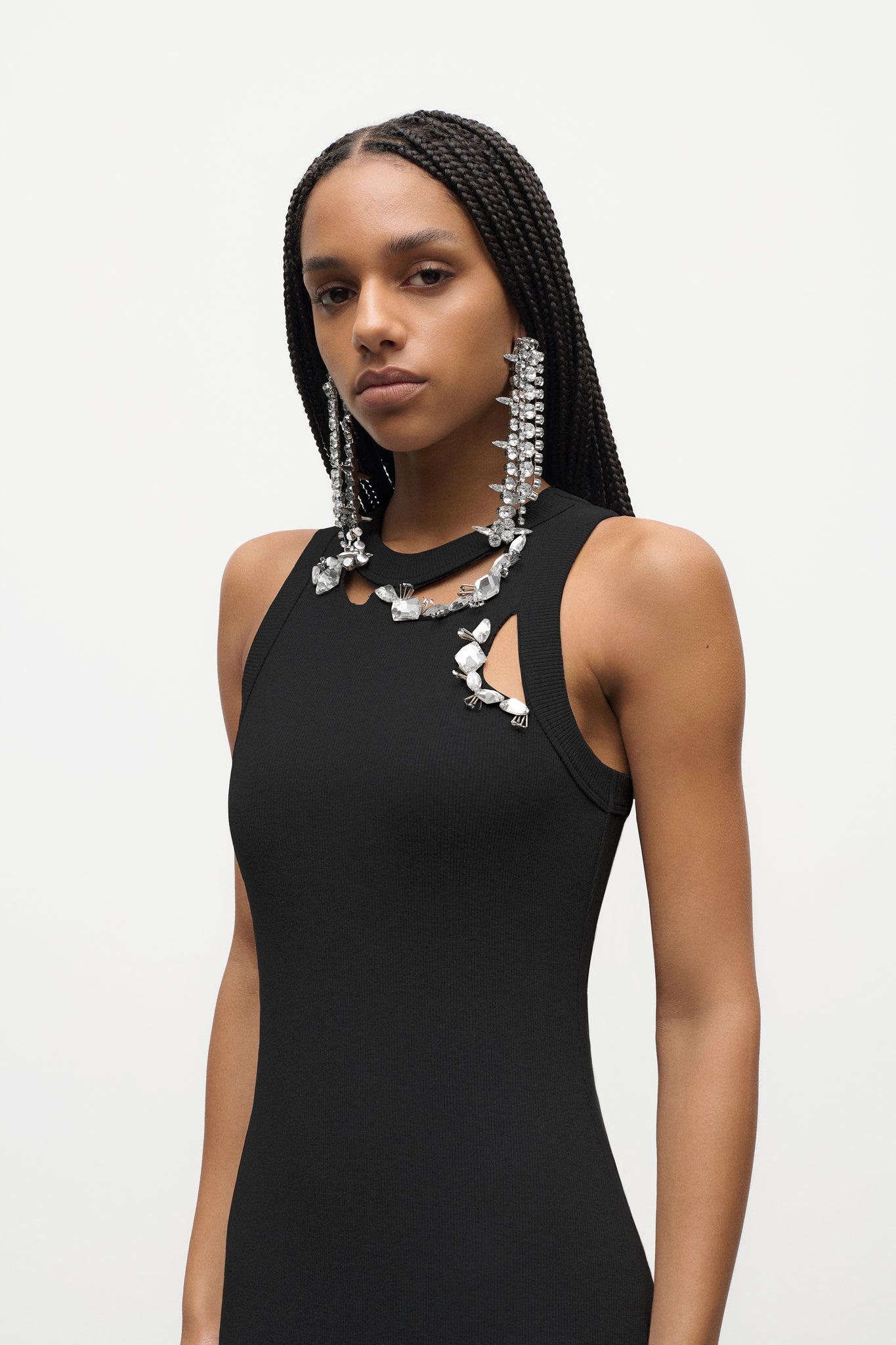 Distressed Crystal Ribbed Knit Midi Tank Dress