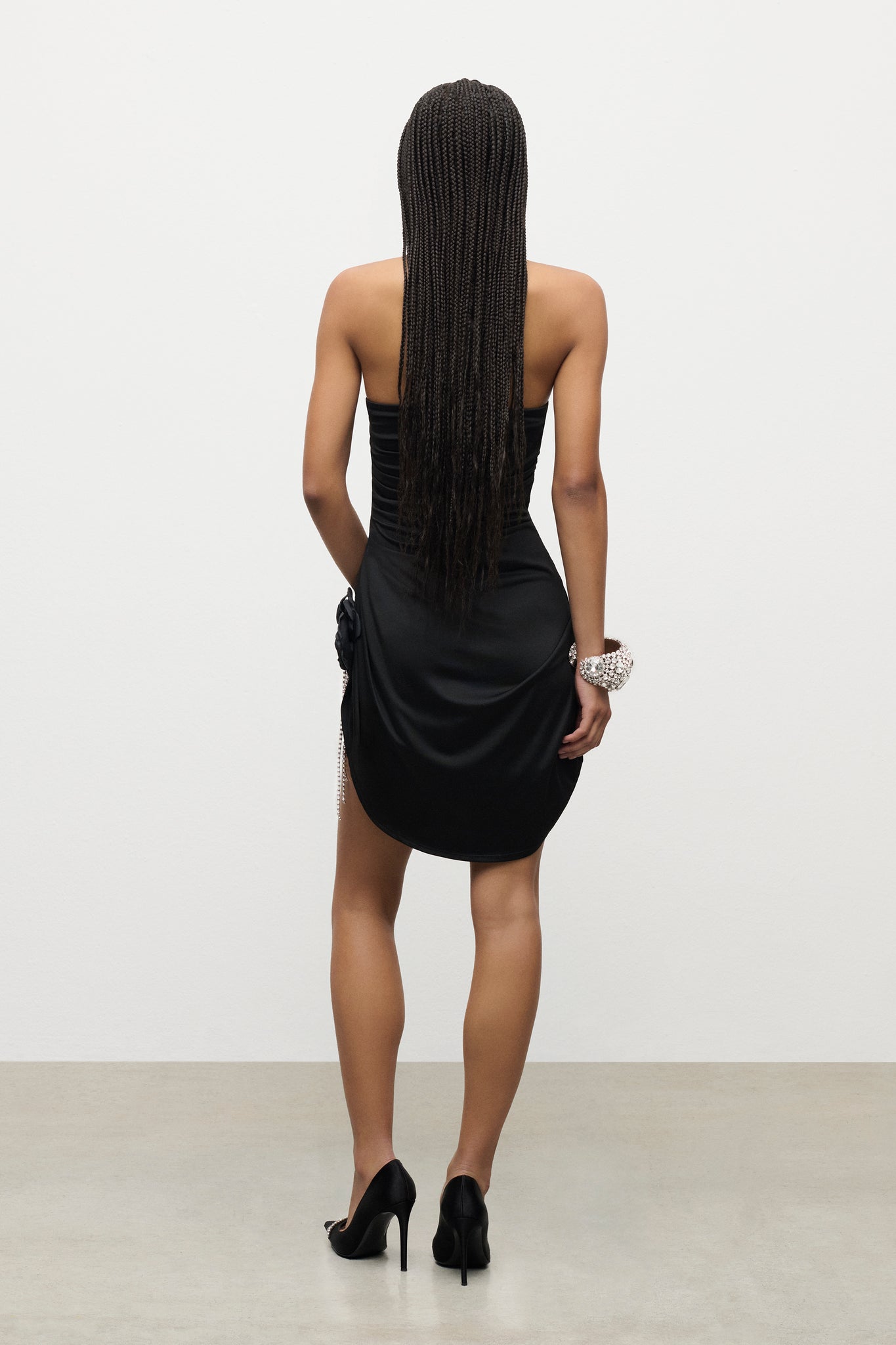 Crystal Flower Draped Strapless Mini Dress