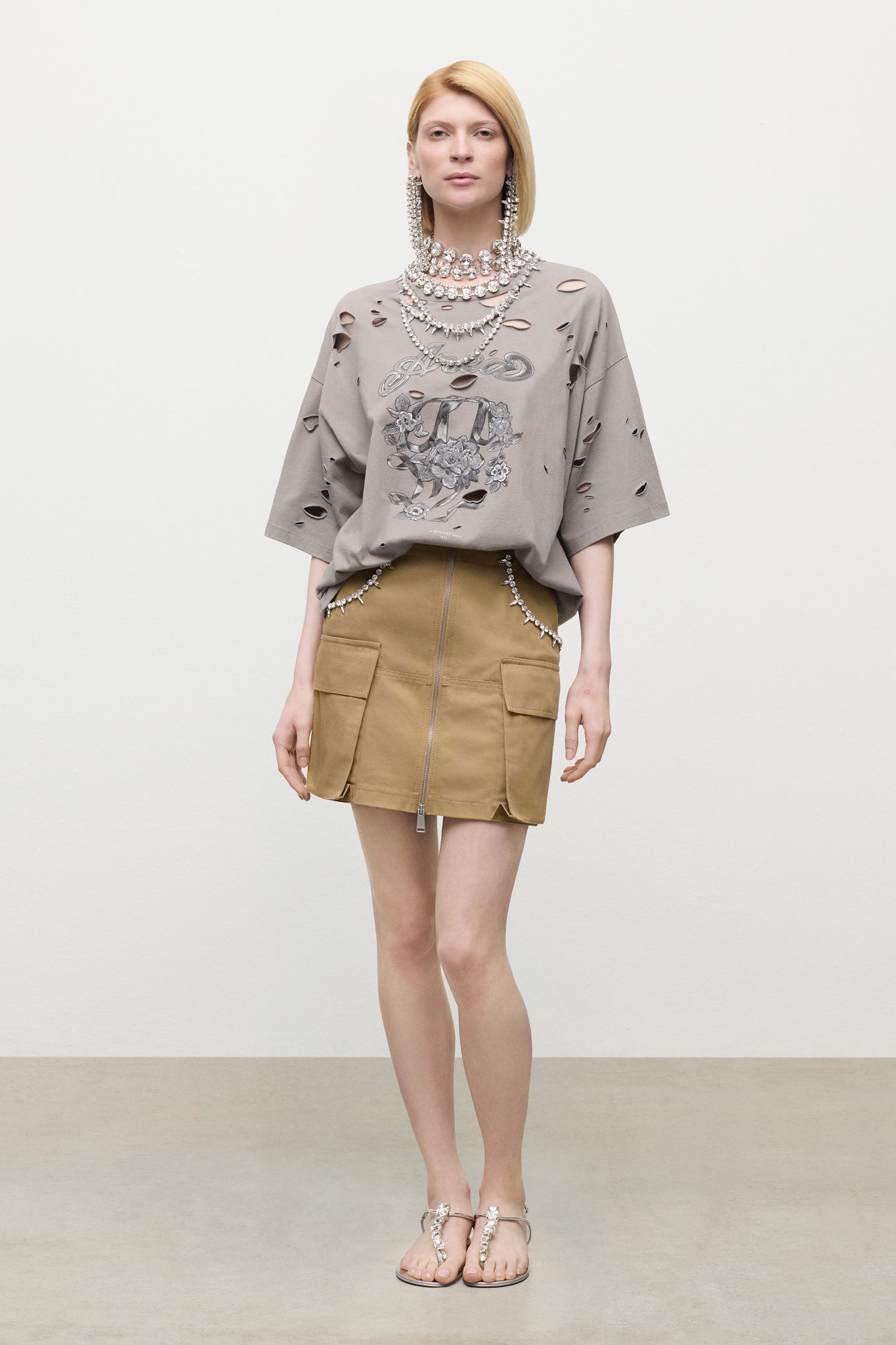 Distressed Crystal Embellished Graphic T-Shirt