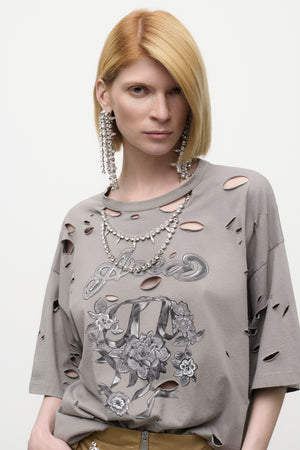 Distressed Crystal Embellished Graphic T-Shirt