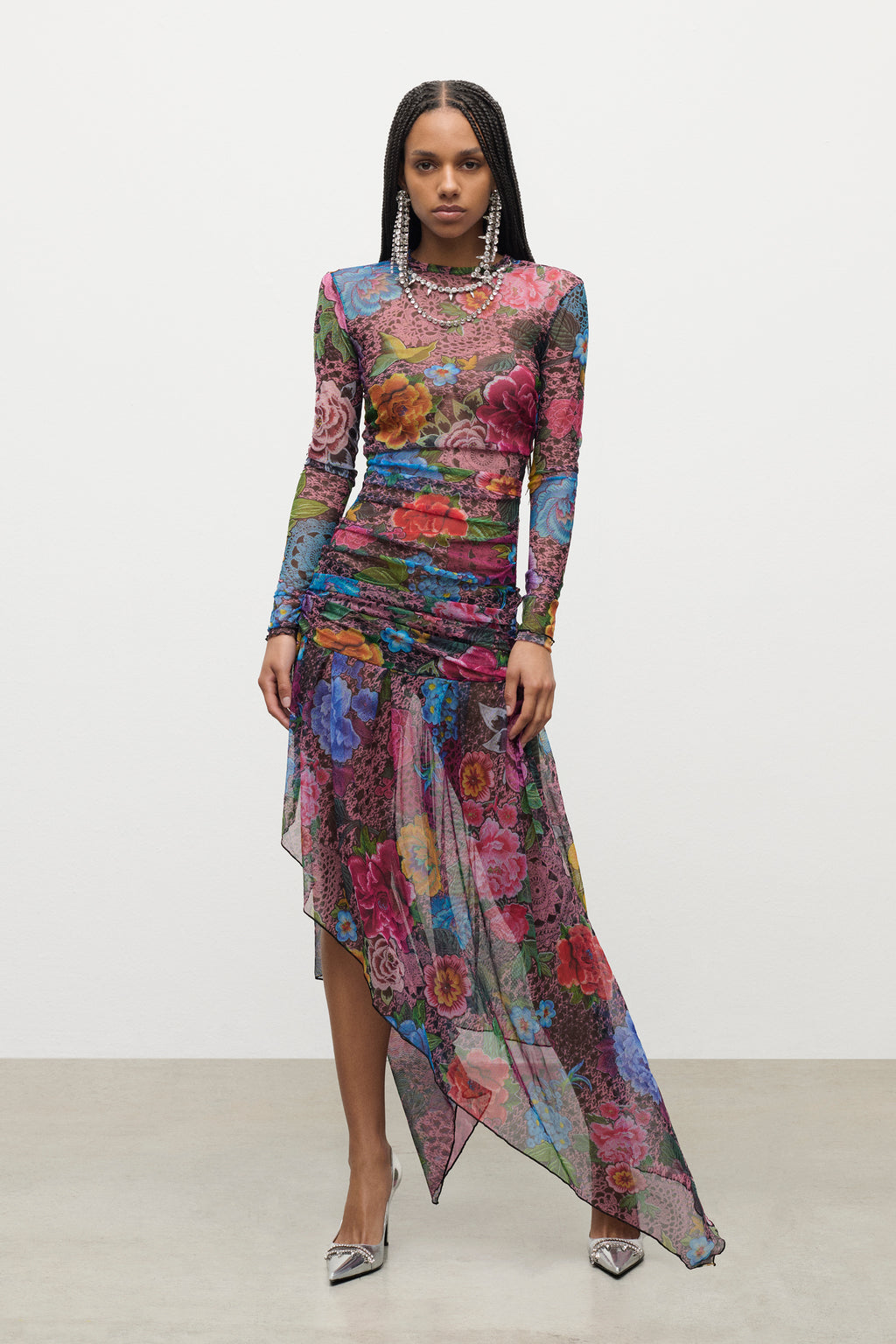 Crystal Embellished Printed Tulle Midi Dress