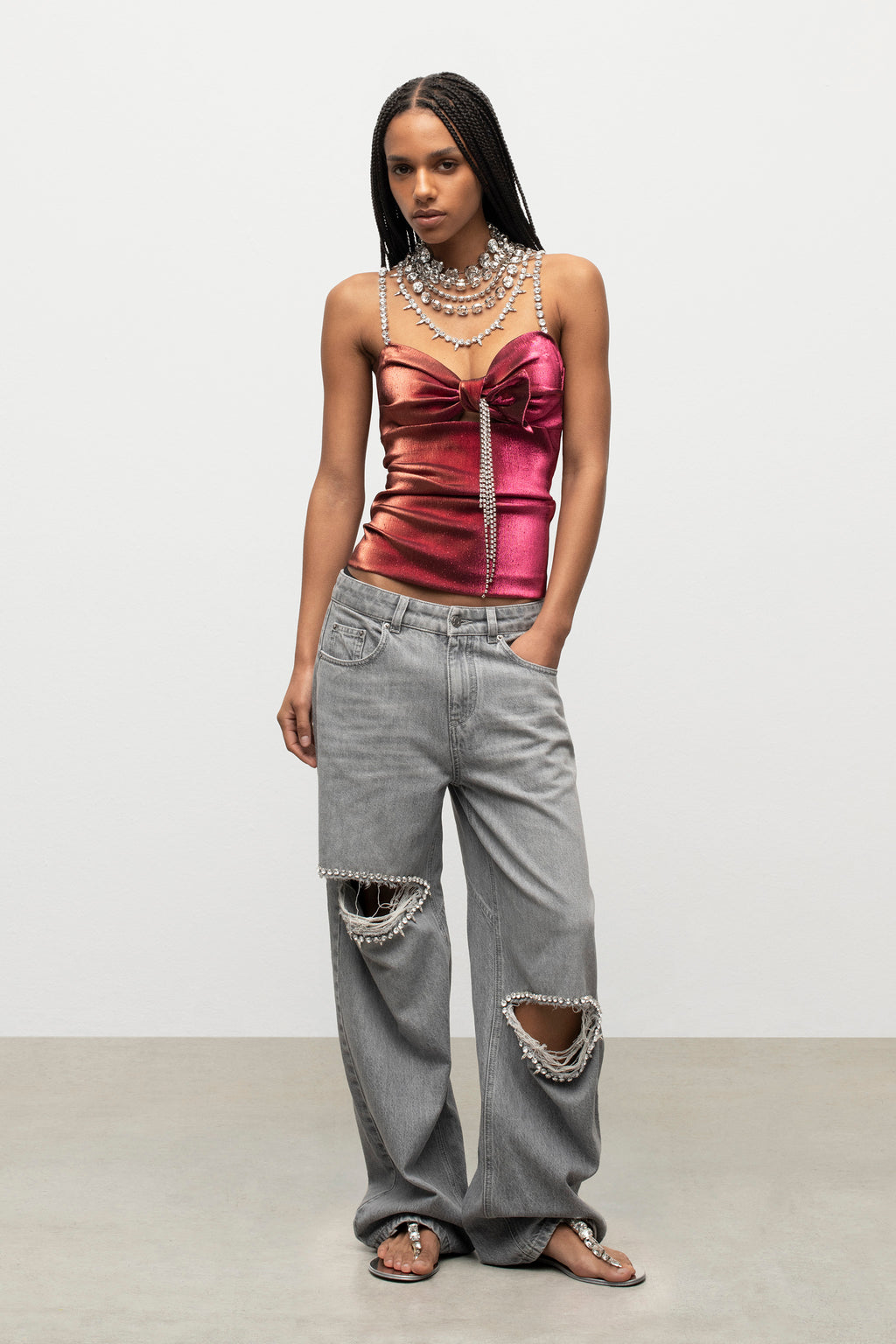 Crystal Embellished Stretch Lame Cutout Top