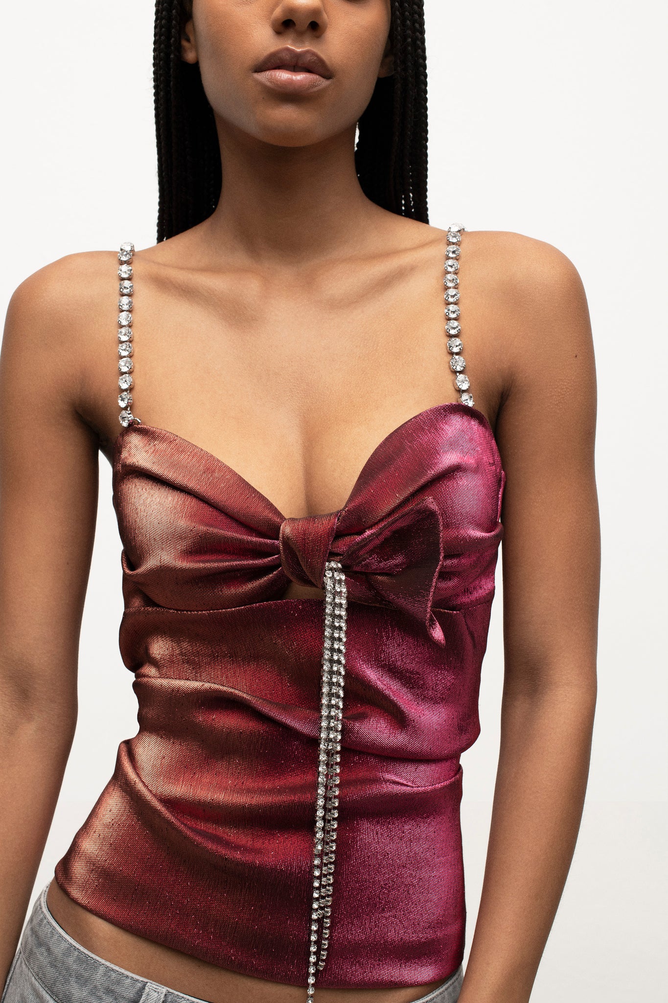 Crystal Embellished Stretch Lame Cutout Top
