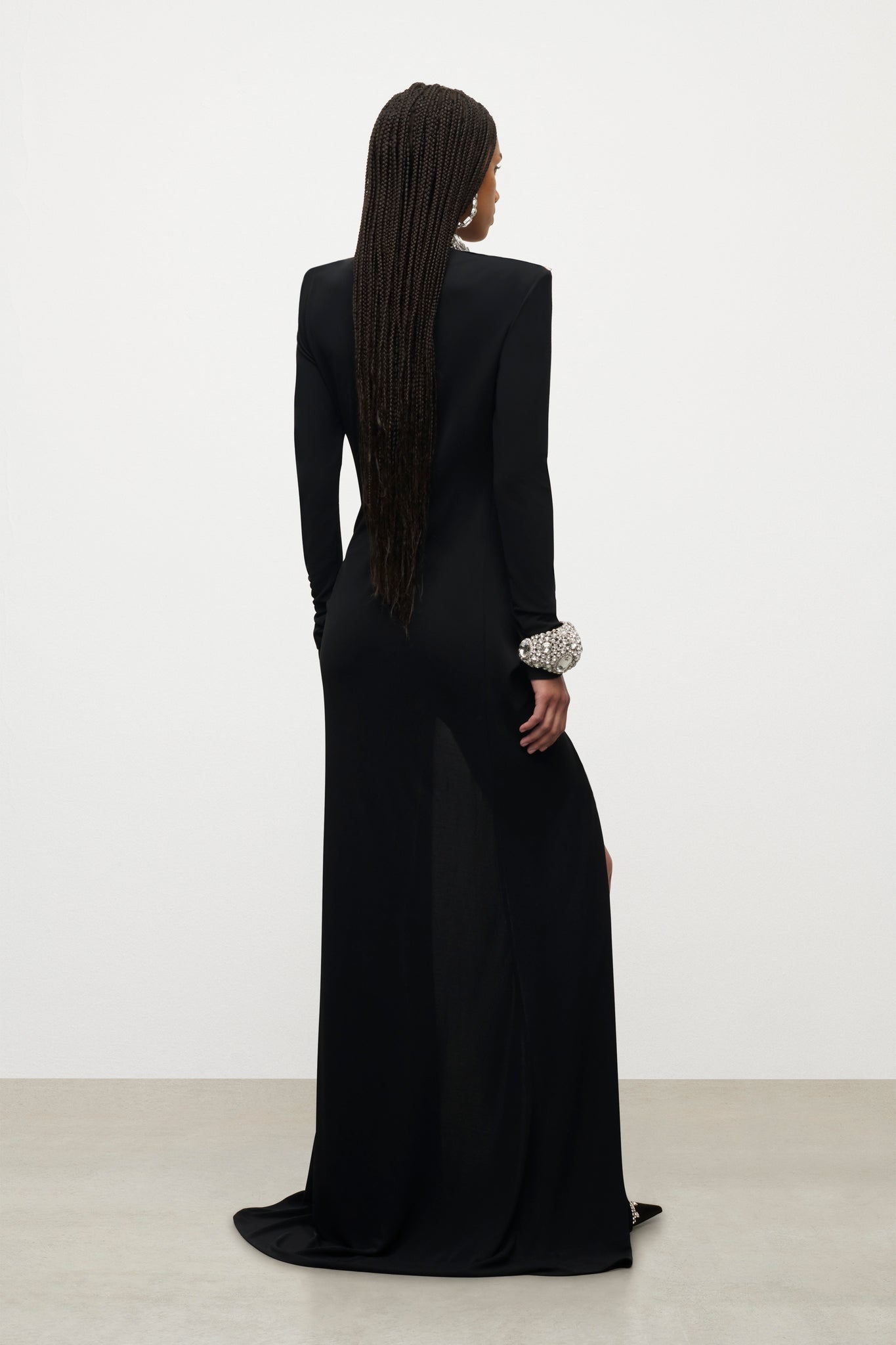 Crystal Cluster Draped Long Sleeve Gown