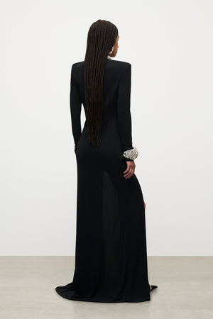 Crystal Cluster Draped Long Sleeve Gown