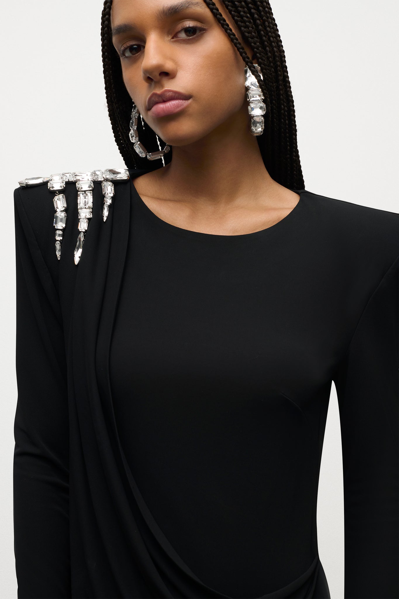 Crystal Cluster Draped Long Sleeve Gown