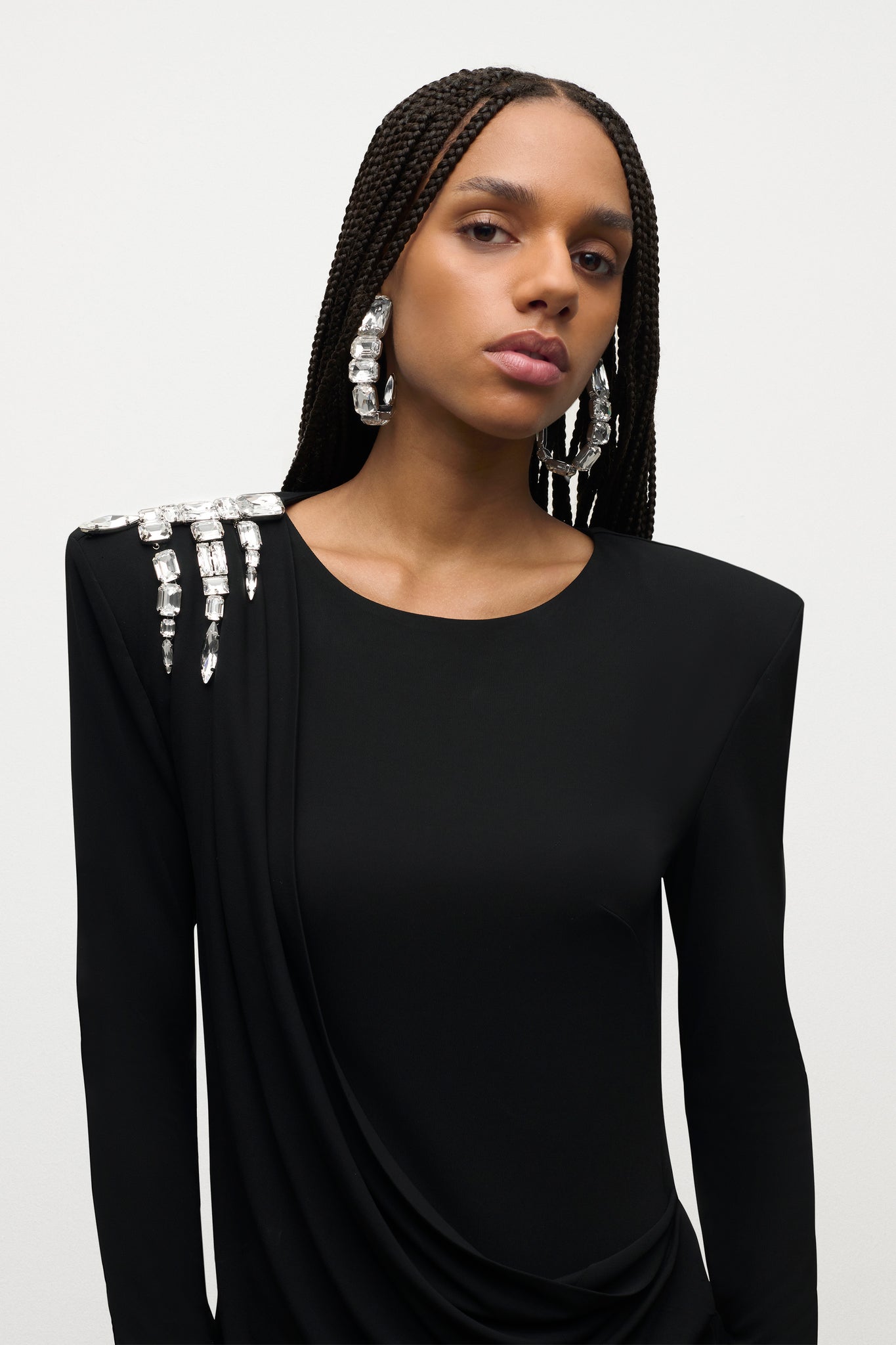 Crystal Cluster Draped Long Sleeve Gown