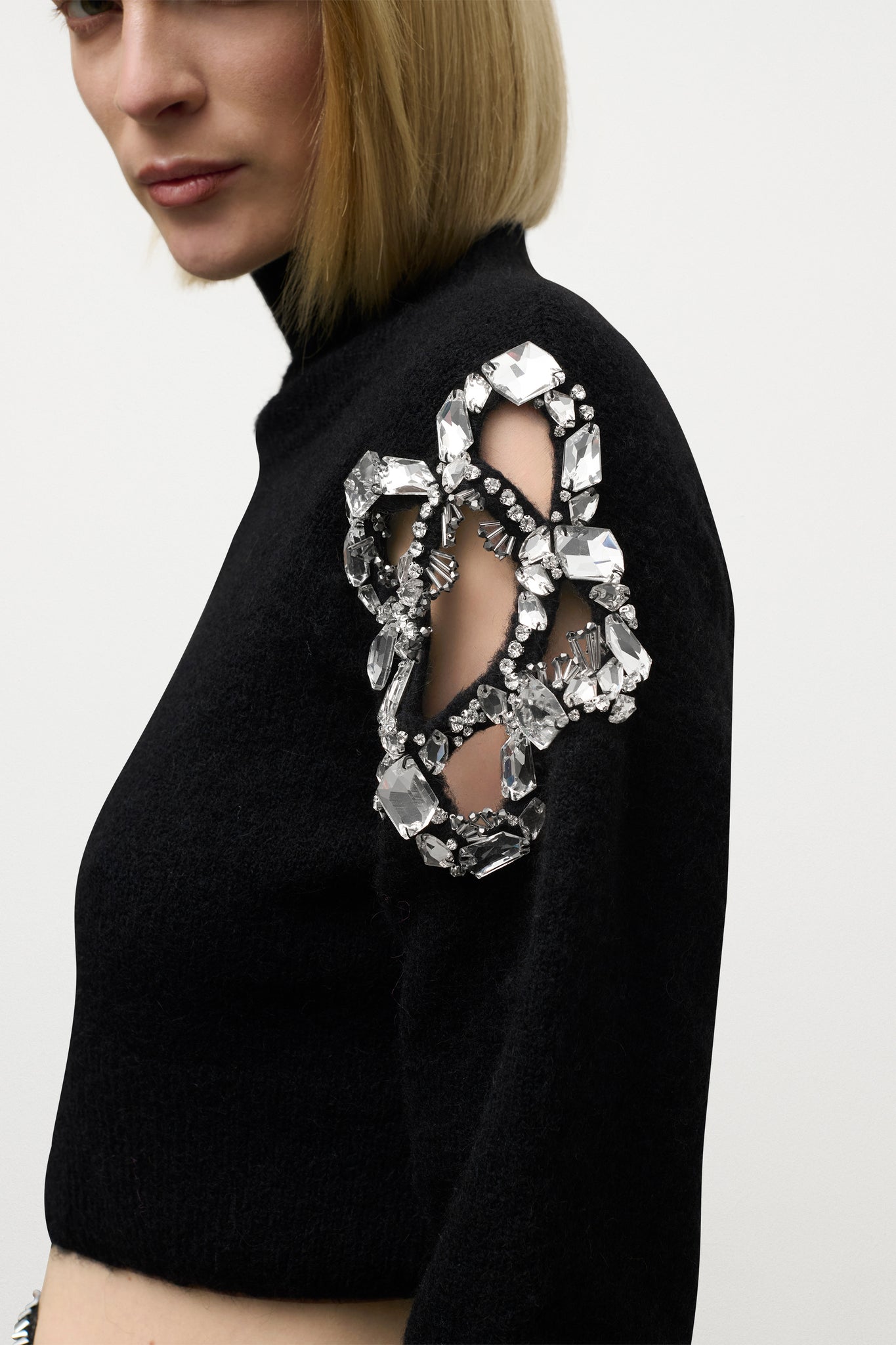 Crystal Cluster Flower Cropped Turtleneck Sweater