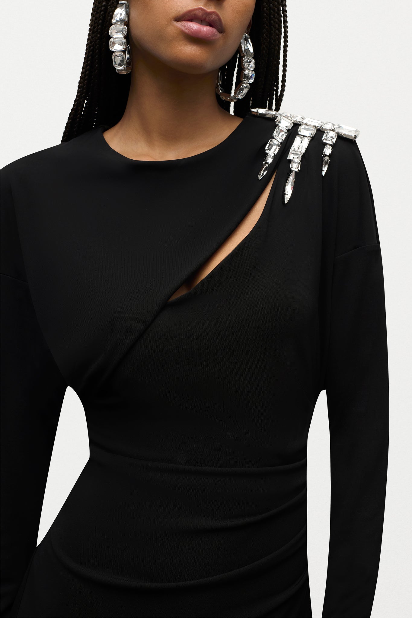 Crystal Cluster Draped Long Sleeve Mini Dress