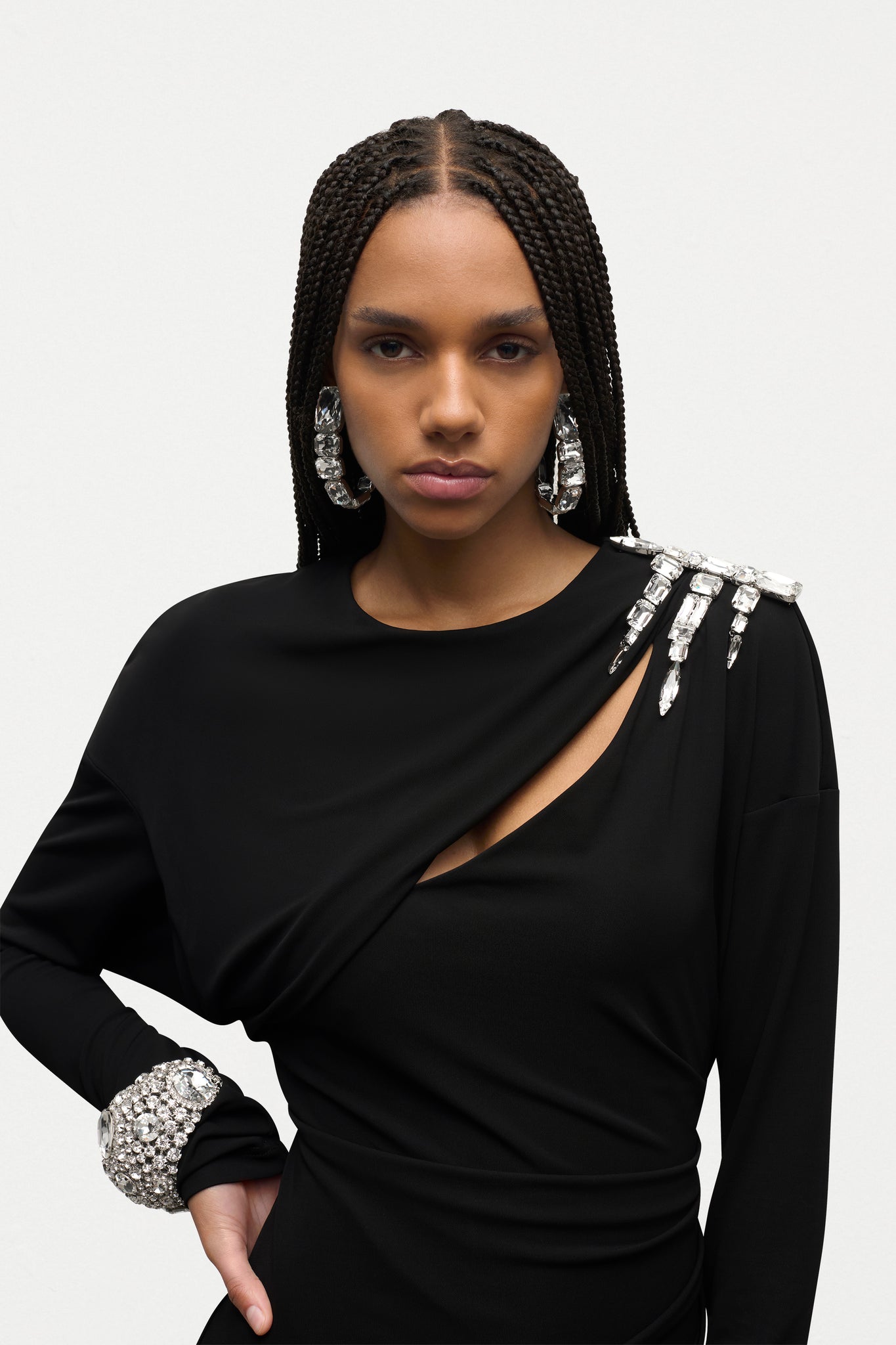 Crystal Cluster Draped Long Sleeve Mini Dress