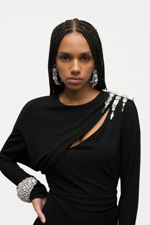 Crystal Cluster Draped Long Sleeve Mini Dress