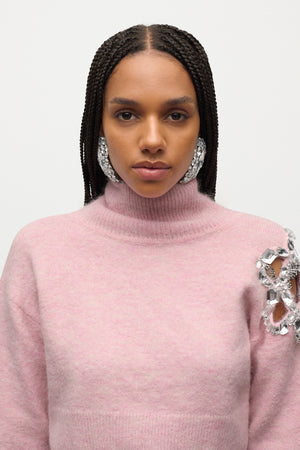Crystal Cluster Flower Cropped Turtleneck Sweater