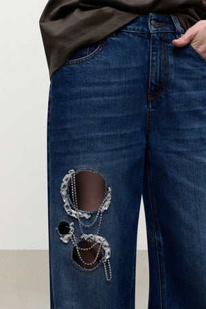 Crystal Chain Cutout Relaxed Jean