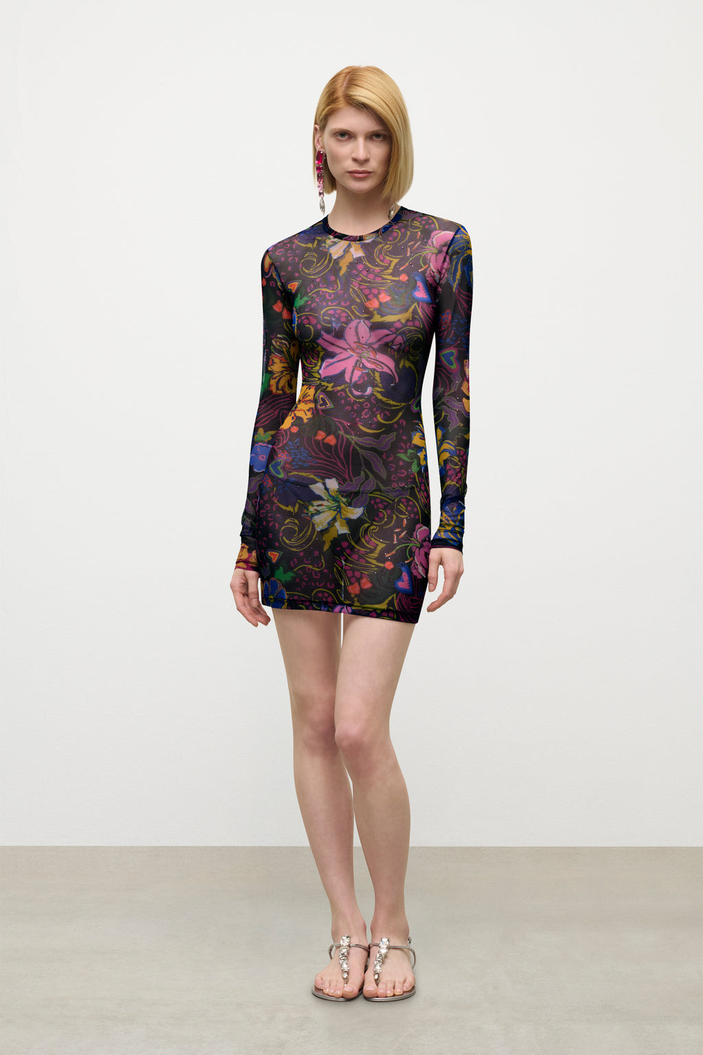 Hotfix Printed Tulle Long Sleeve Mini Dress