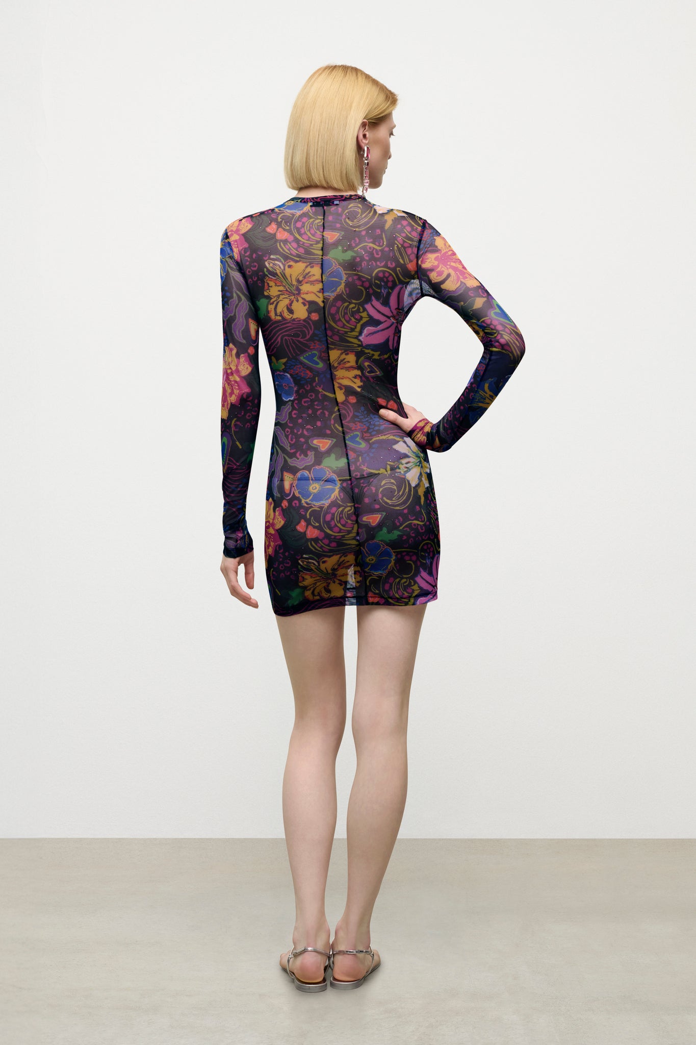 Hotfix Printed Tulle Long Sleeve Mini Dress