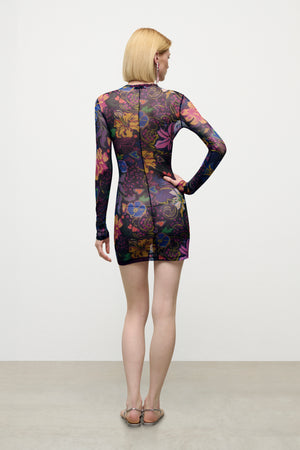 Hotfix Printed Tulle Long Sleeve Mini Dress