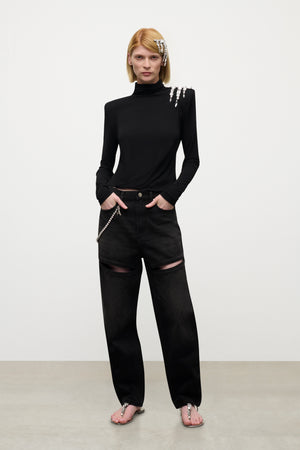 Crystal Cluster Draped Long Sleeve Open Back Top