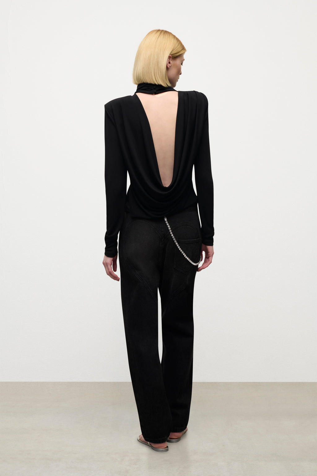 Crystal Cluster Draped Long Sleeve Open Back Top