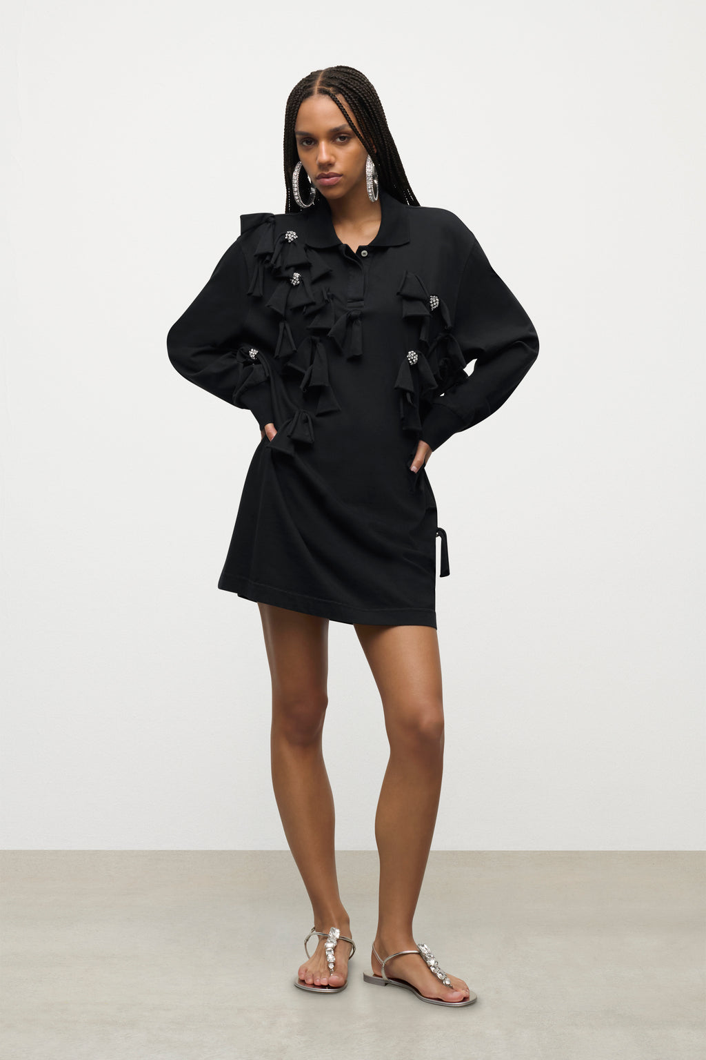 Allover Crystal Embellished Bow Long Sleeve Polo