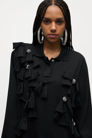 Allover Crystal Embellished Bow Long Sleeve Polo