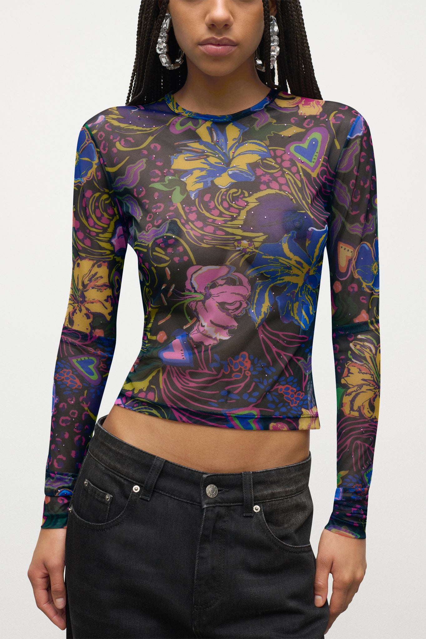 Hotfix Printed Tulle Long Sleeve Top