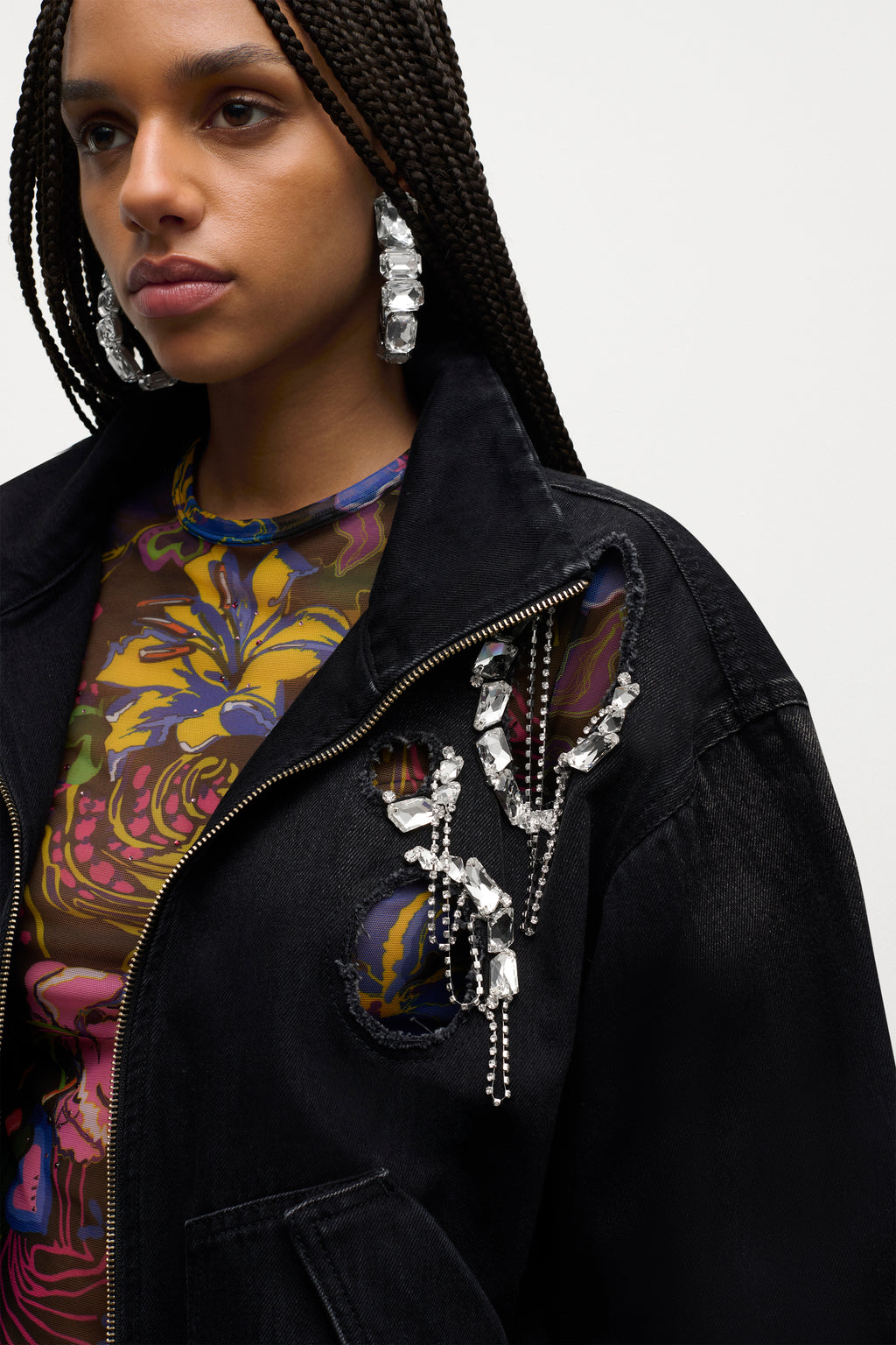 Crystal Chain Cutout Bomber Jacket