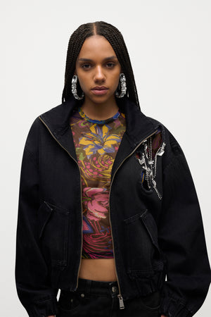 Crystal Chain Cutout Bomber Jacket