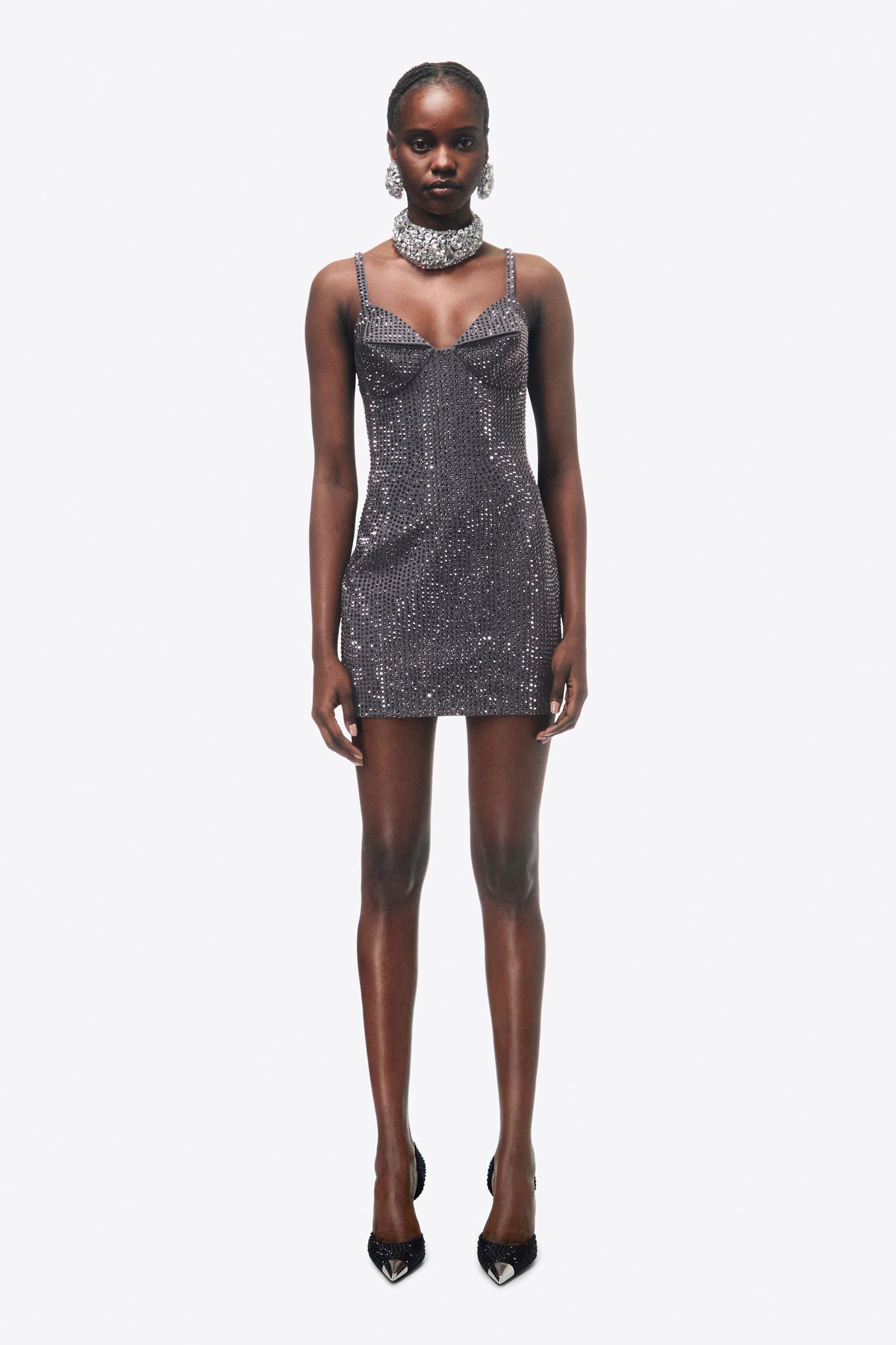 AREA Crystal-embellished metallic stretch-twill mini dress