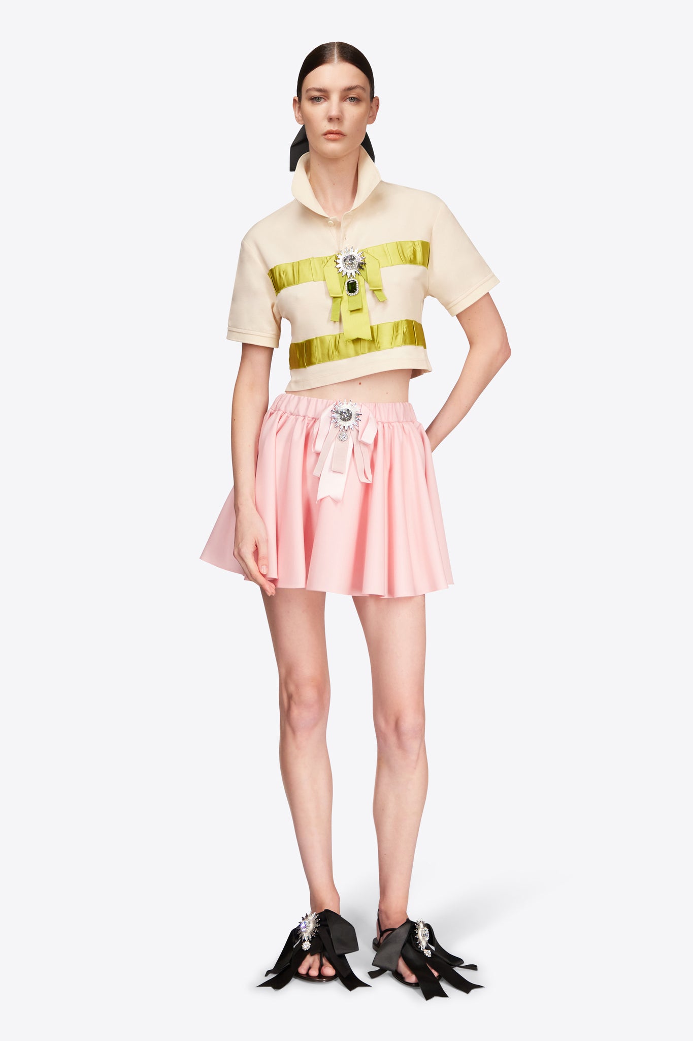 Crystal Embellished Bow Cropped Polo