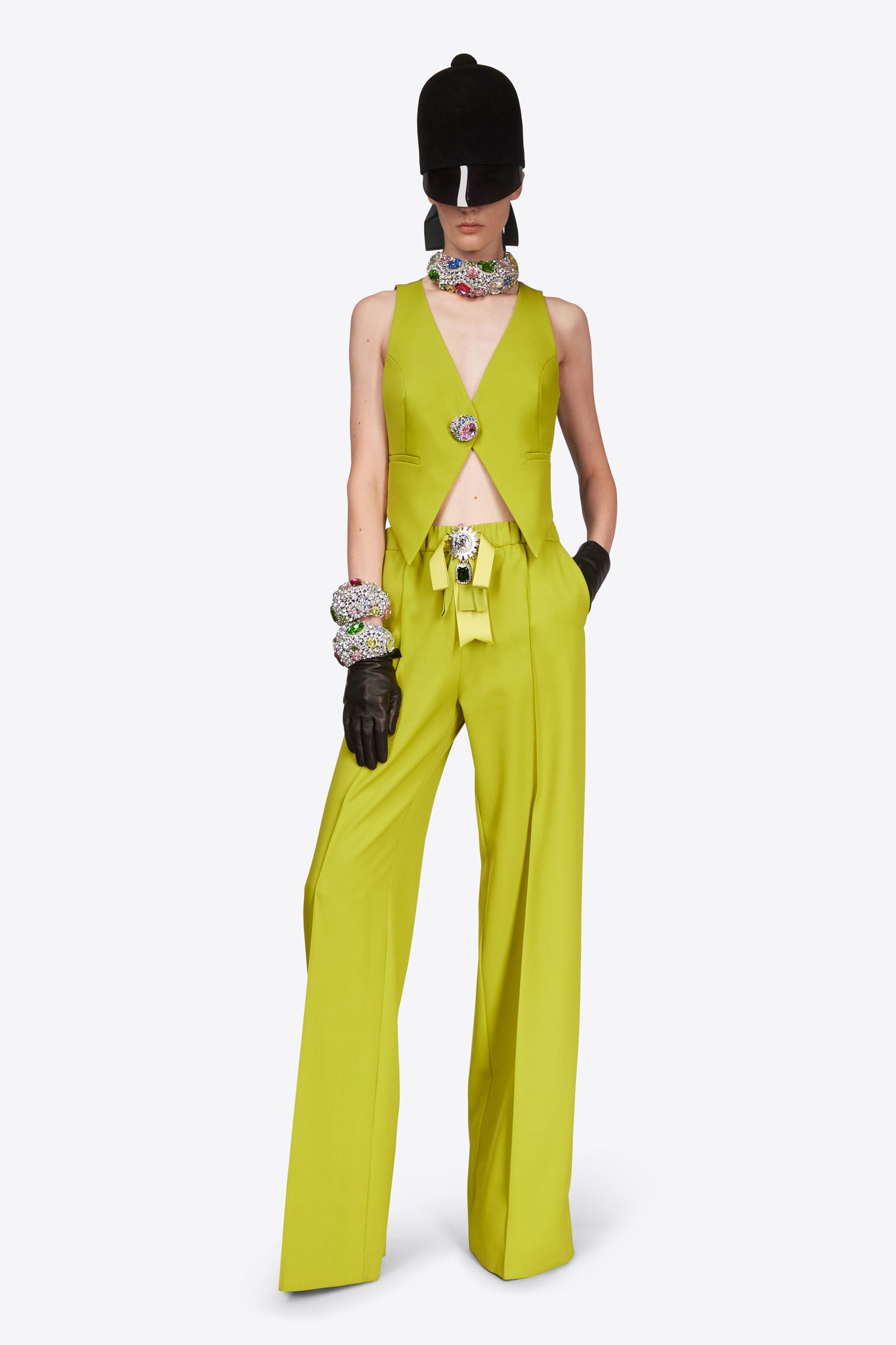 Crystal Embellished Bow Wide Leg Trouser