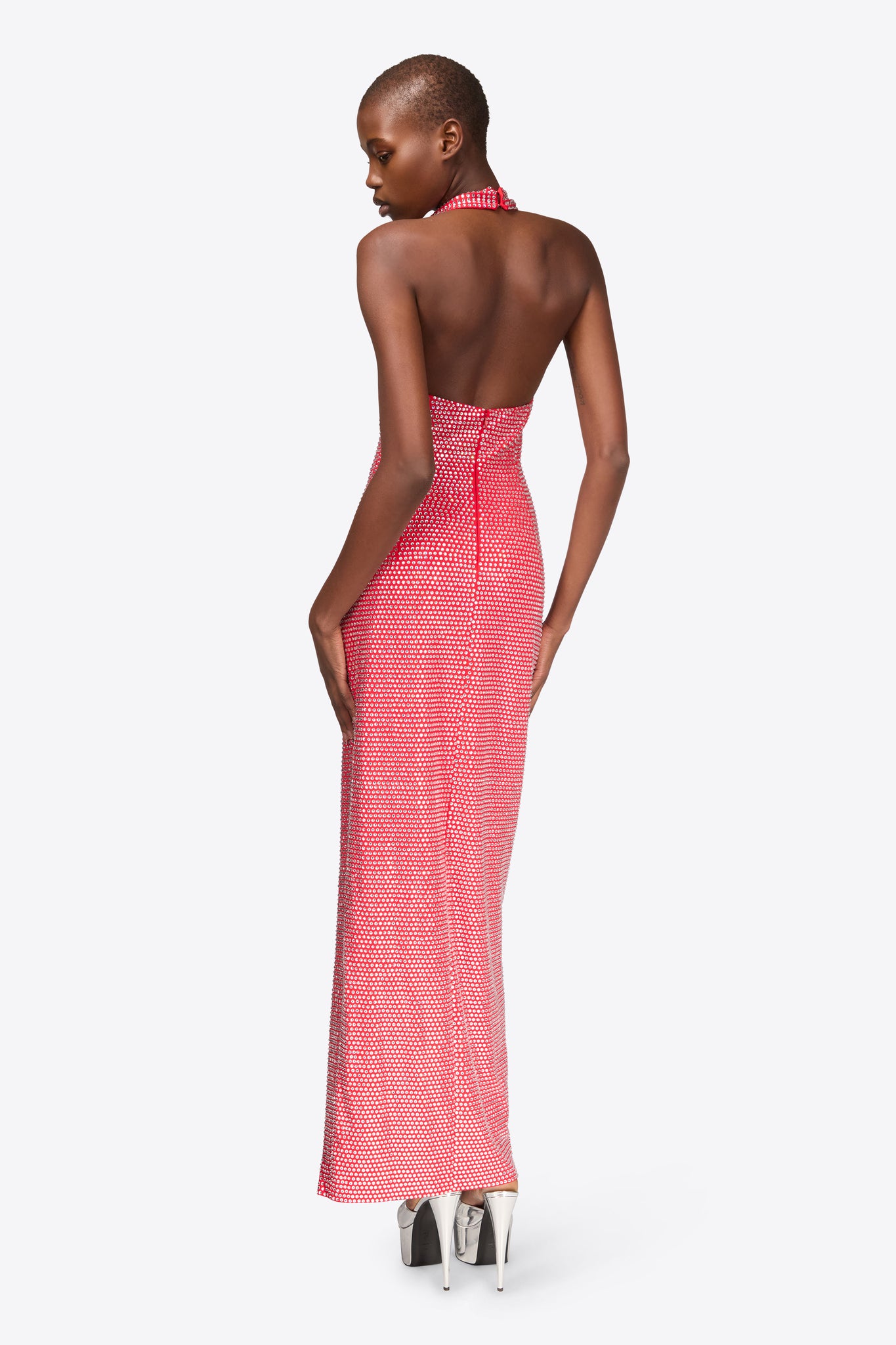 Crystal Embellished Halter Slit Gown