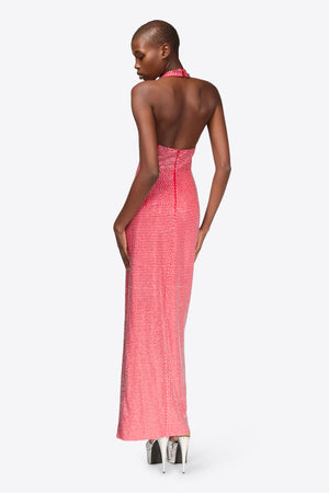 Crystal Embellished Halter Slit Gown