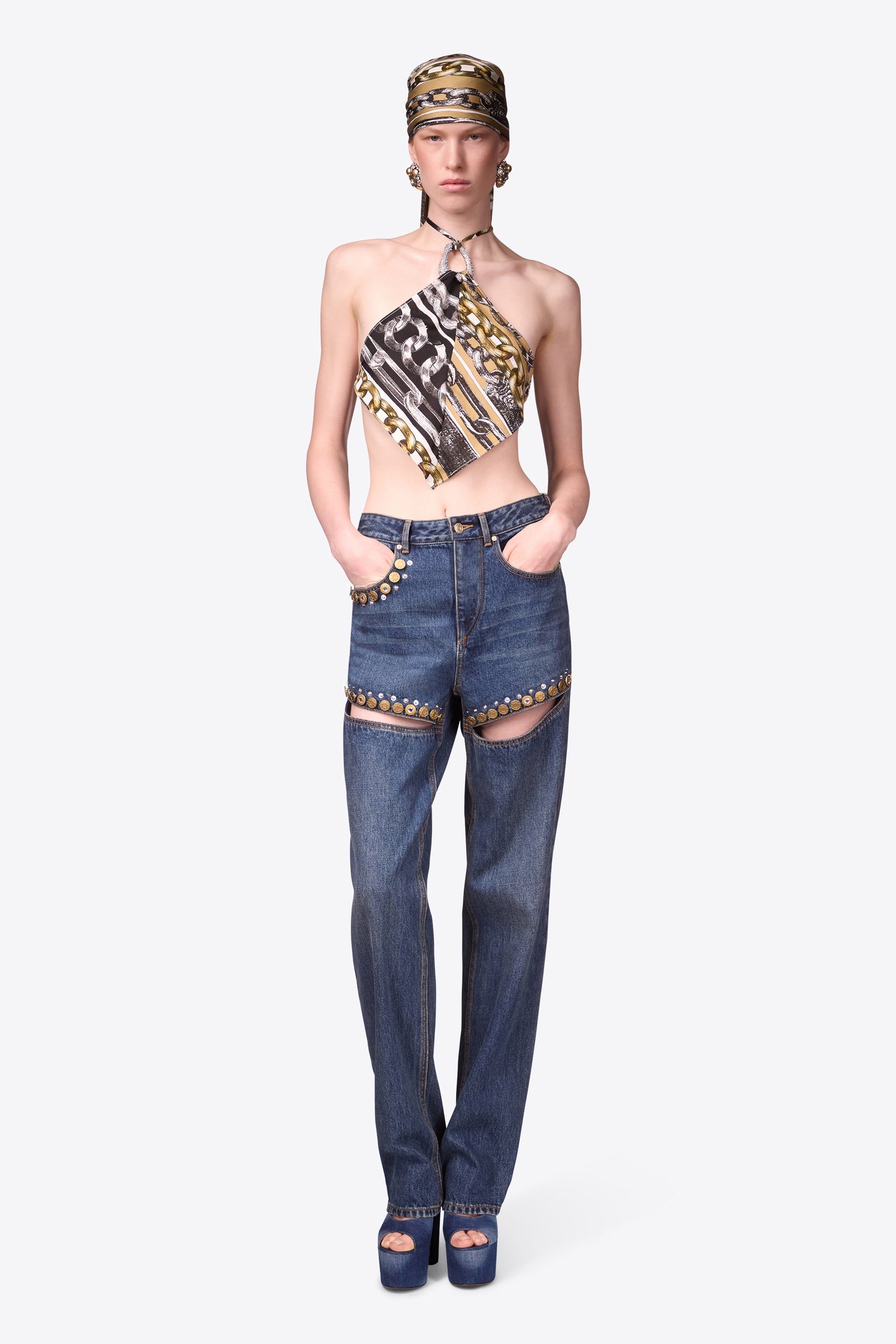 Crystal Button Studded Slit Jean