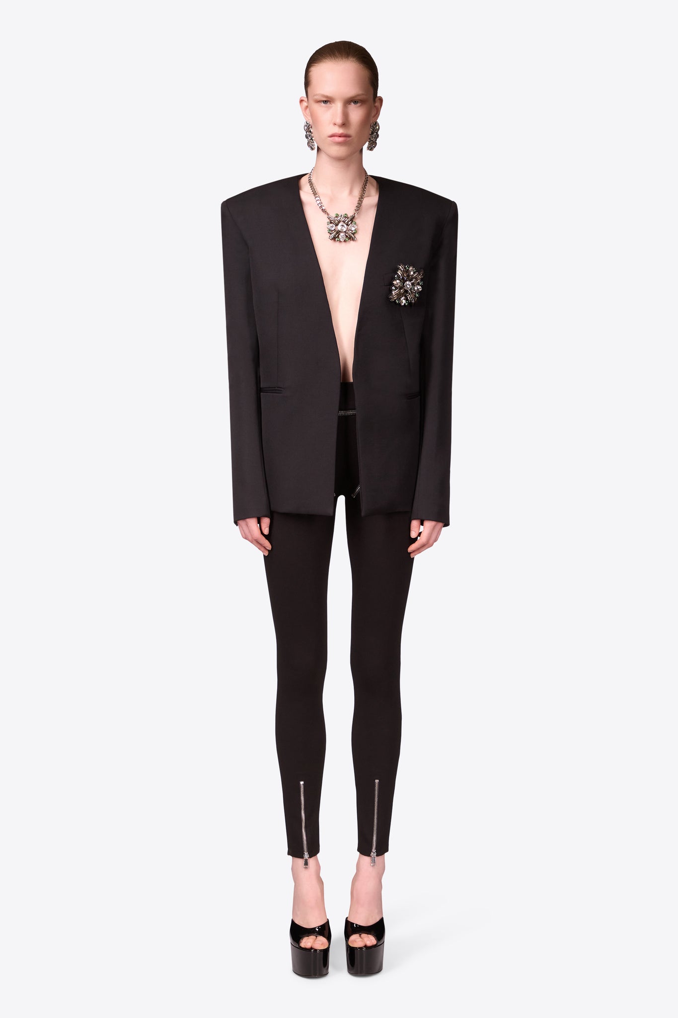 Crystal Brooch Collarless Blazer