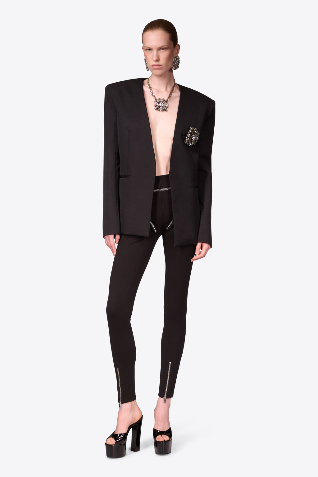 Crystal Brooch Collarless Blazer